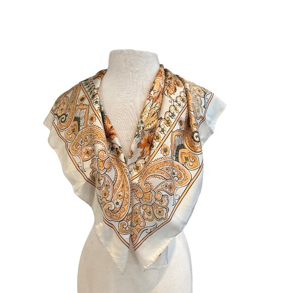 Vintage Floral Paisley Silk blend  Square Scarf Ivory & Gold Autumn Pattern - Picture 2 of 5
